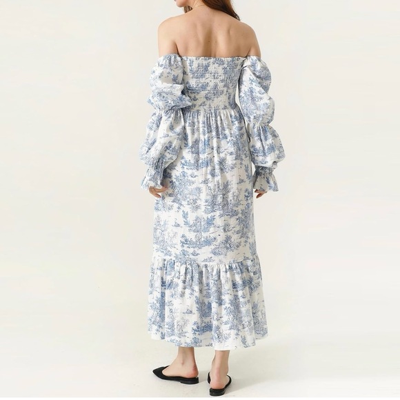 Off-Shoulder Blue & White Toile Maxi Dress - Picture 2 of 7